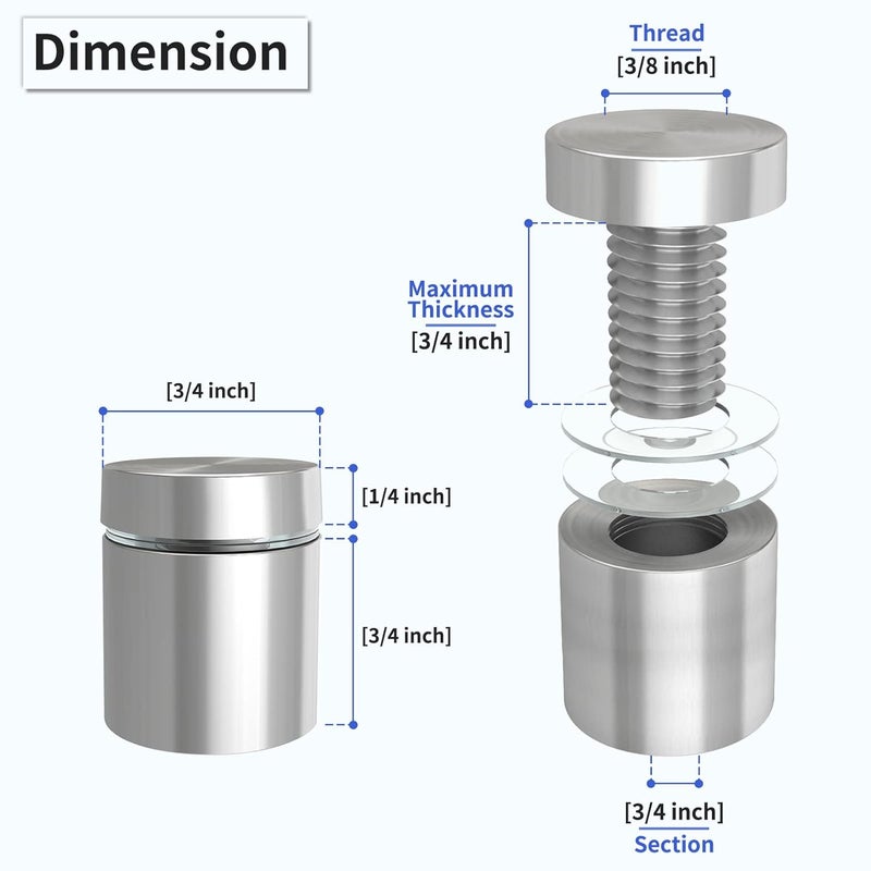 LuckIn 50-Pack Standoff Screws (3/4 in. Dia x 3/4 in. L), Stainless Steel Standoff Mounting Hardware for Acrylic Signs, Silver - Image 2